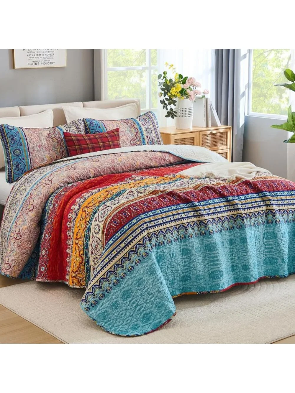 Boho Queen Quilt Set - Colorful Striped Bedding, Lightweight Microfiber, 3